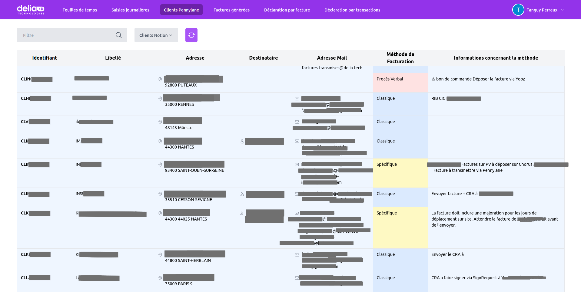La page Clients Pennylane fait le lien entre les clients rentrés dans Pennylane et une base de données de l'application Notion, où sont stockés les méthodes de facturation.