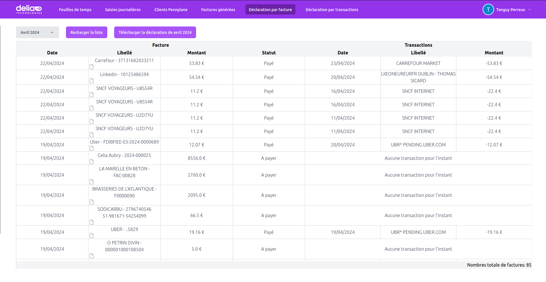 Affichage des factures et de chaque transaction associé à la facture