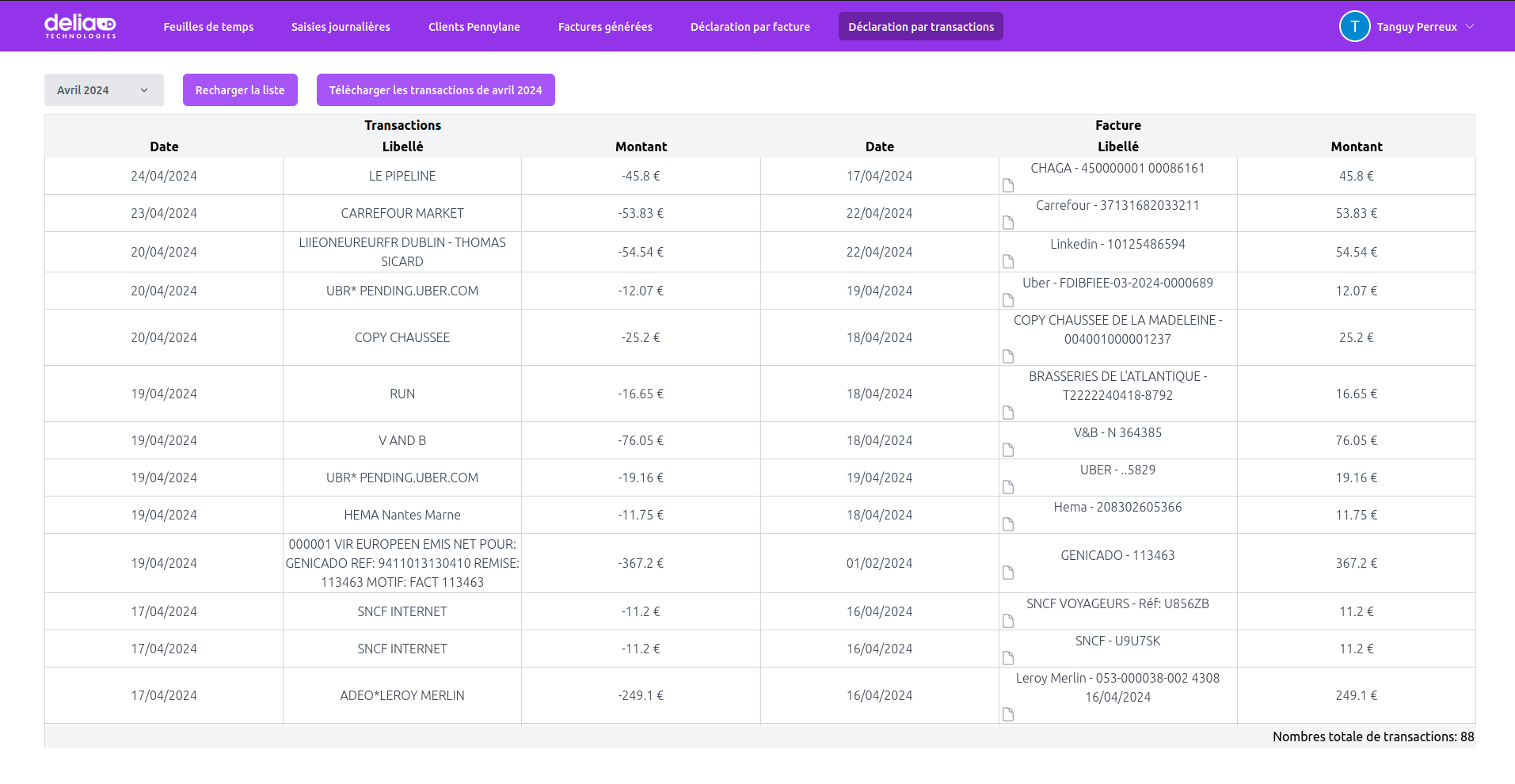 Affichage de chaque transaction et la facture qui lui est associé