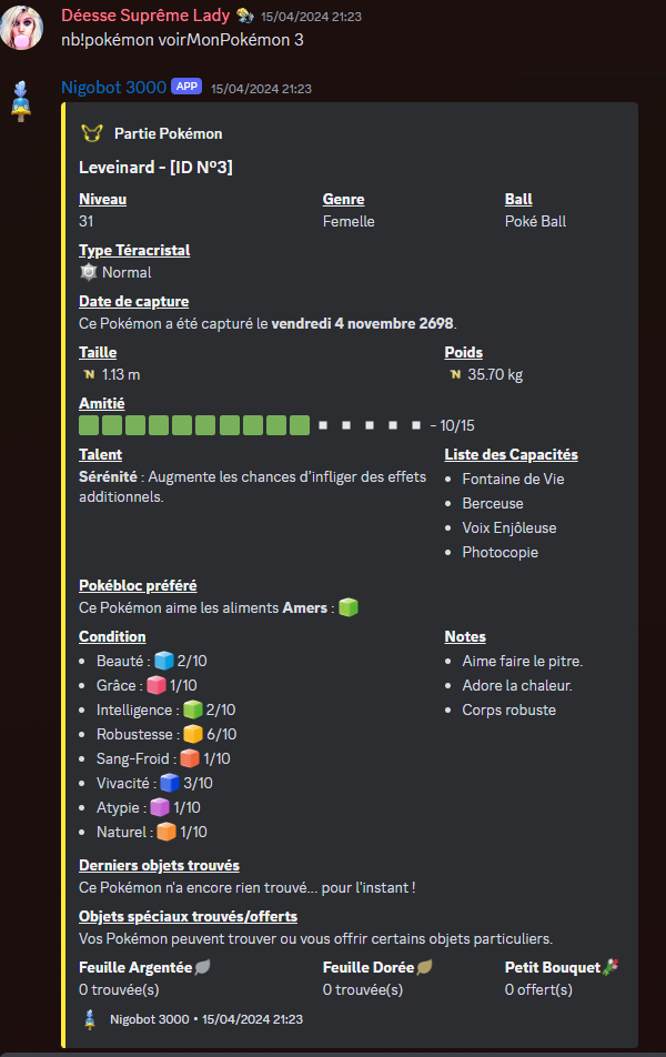 Affichage d'une fiche d'un Pokémon d'un joueur.
